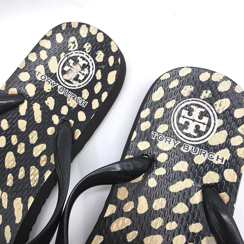 Tory Burch Classic Printed Thin Flip Flop Spotted Gold Logo Sandal Black Size 11